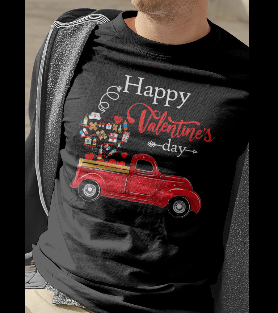 Happy Valentine's Day Red Truck With Heart-Shaped Balloons And Gifts T-Shirt