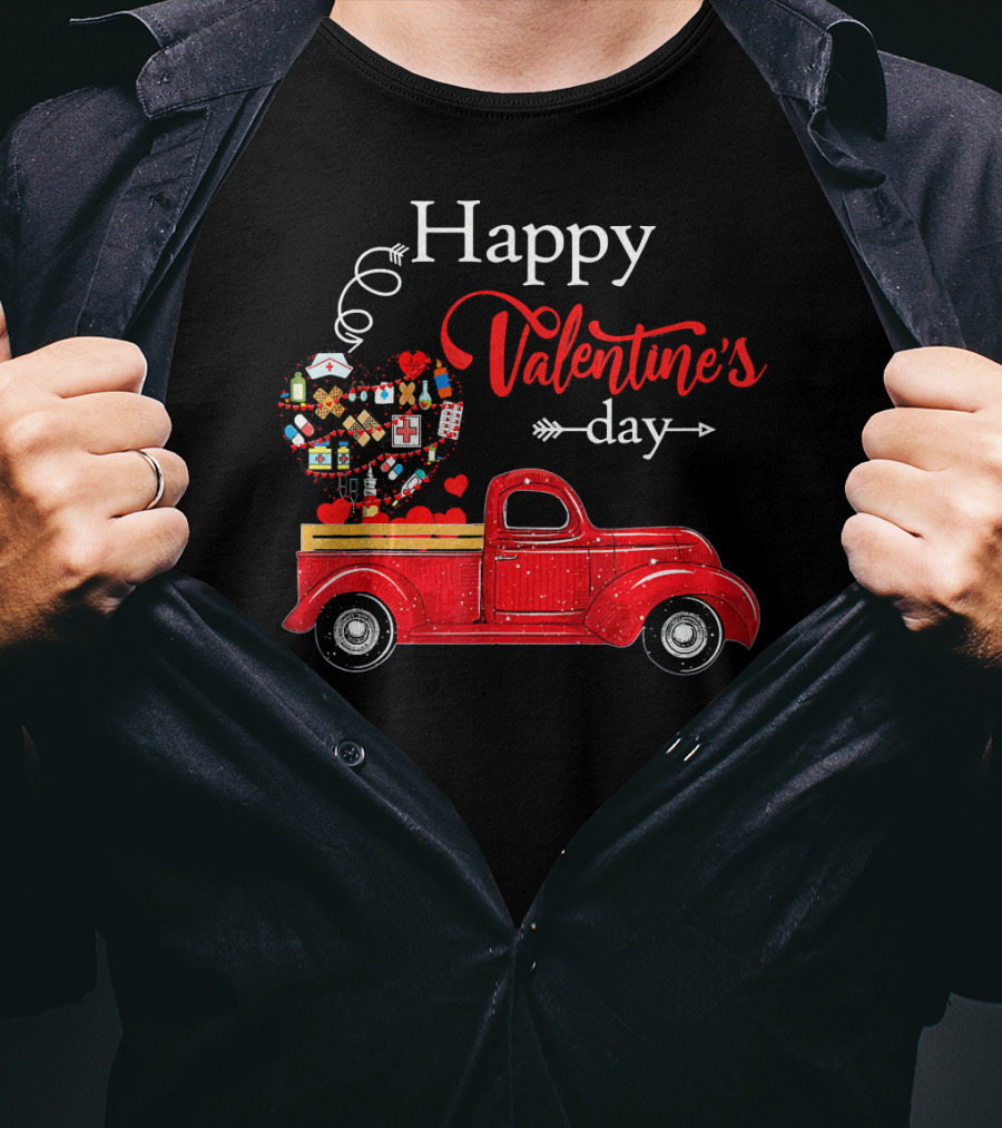 Happy Valentine's Day Red Truck With Heart-Shaped Balloons And Gifts T-Shirt