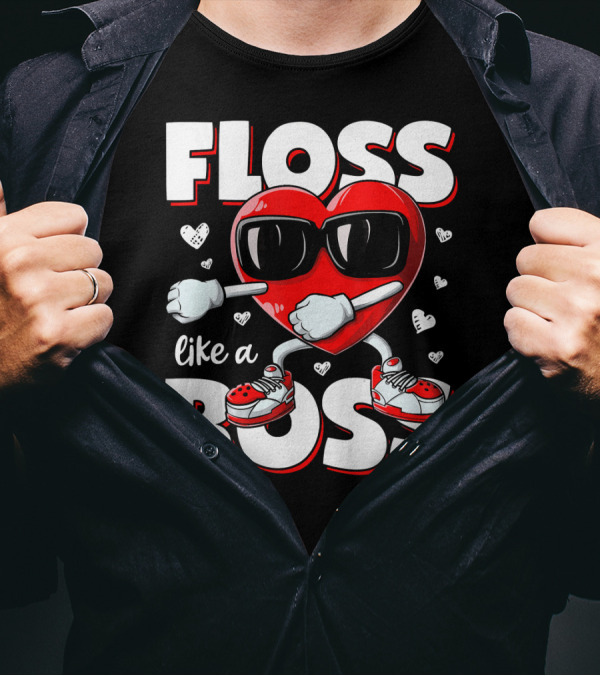 Floss Like A Boss Heart With Sunglasses Valentines Day T-Shirt