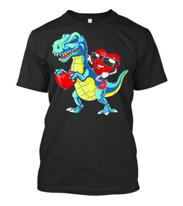 Valentine Heart With Sunglasses Riding Dinosaur With Heart T-Shirt