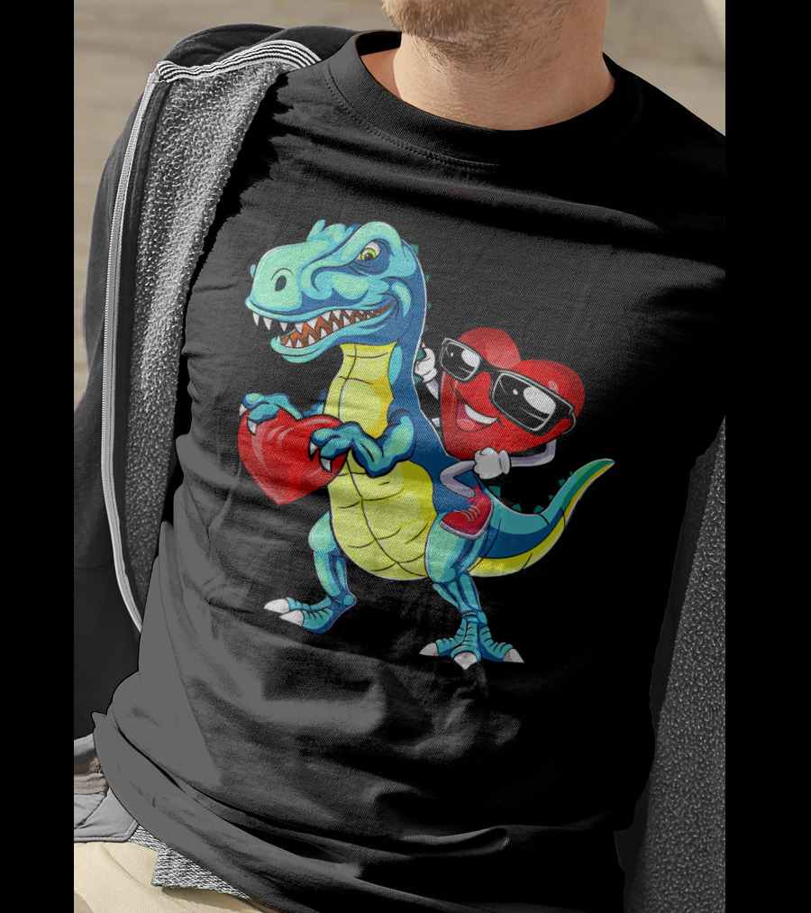 Valentine Heart With Sunglasses Riding Dinosaur With Heart T-Shirt