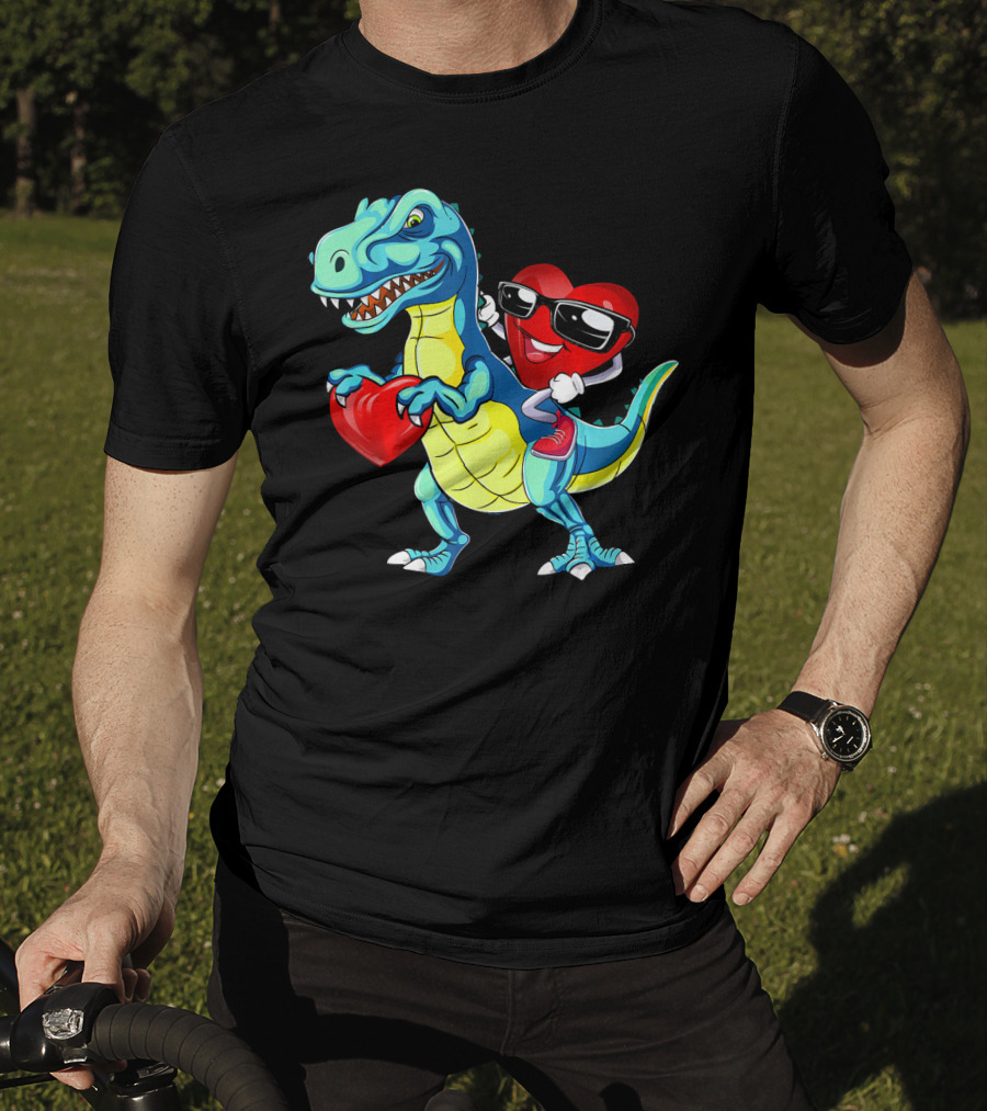 Valentine Heart With Sunglasses Riding Dinosaur With Heart T-Shirt