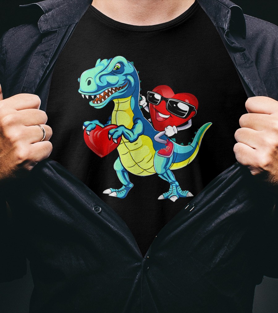 Valentine Heart With Sunglasses Riding Dinosaur With Heart T-Shirt
