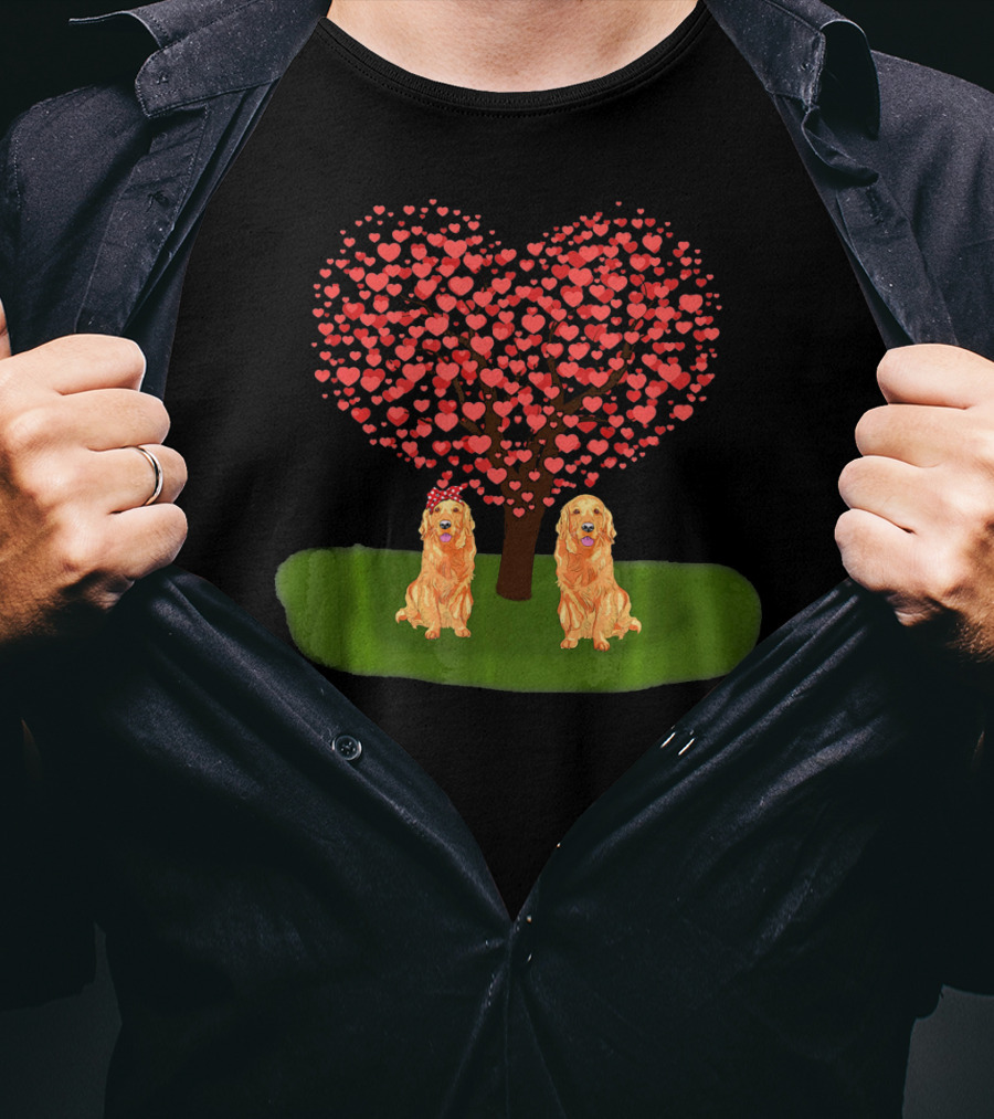 Valentine Heart Tree With Golden Retriever Duo T-Shirt