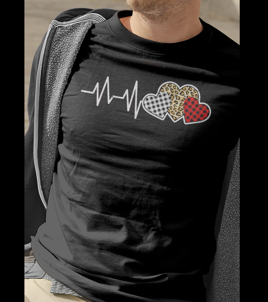 Heartbeat Three Patterned Hearts Leopard Buffalo Plaid T-Shirt