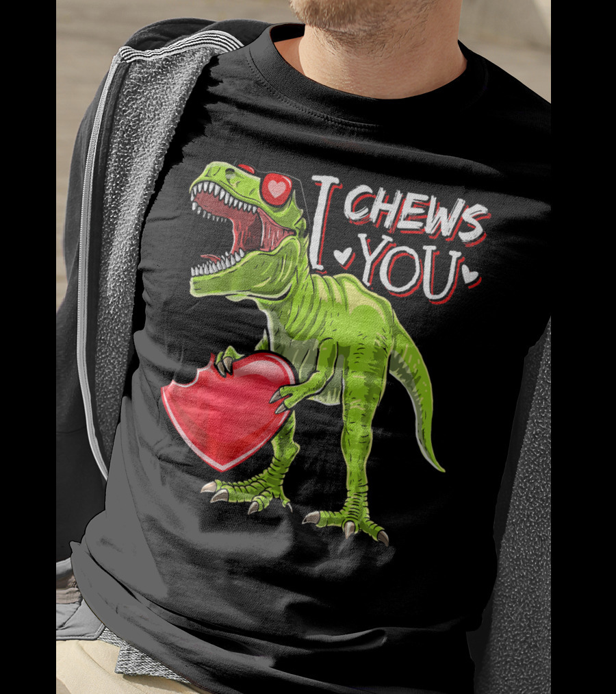 I Chews You Valentine Rex Dinosaur Holding Heart With Red Glasses T-Shirt