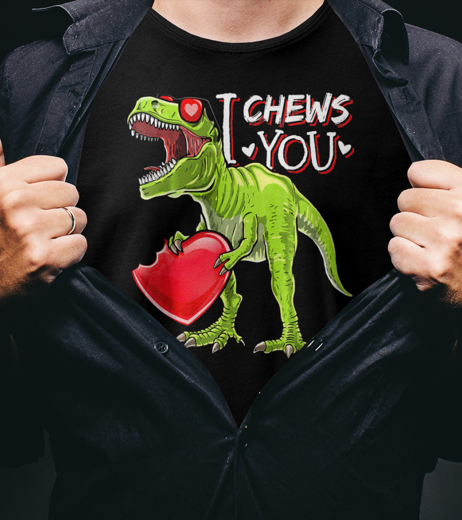 I Chews You Valentine Rex Dinosaur Holding Heart With Red Glasses T-Shirt