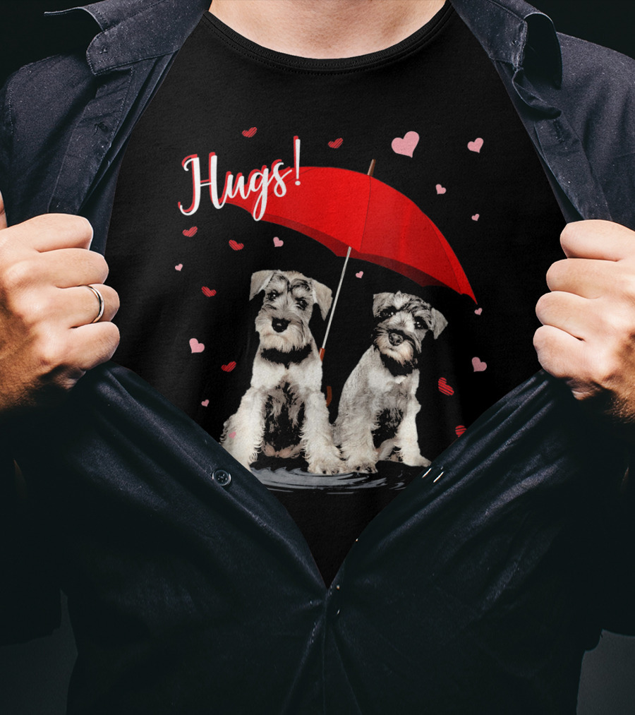 Hugs Schnauzers Under Red Umbrella With Hearts T-Shirt
