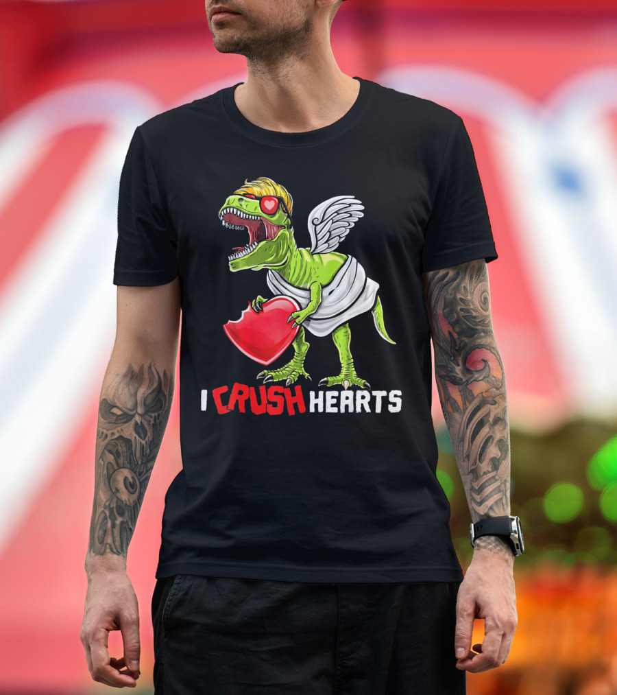 I Crush Hearts Valentine Day T-Rex with Wings and Heart T-Shirt