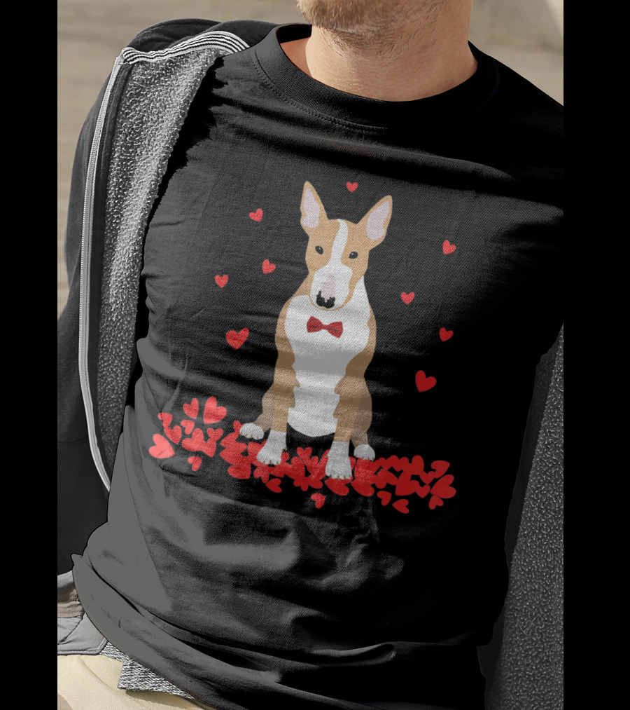 I Love My Bull Terrier Valentine Surrounded By Hearts And Red Bow Tie T-Shirt