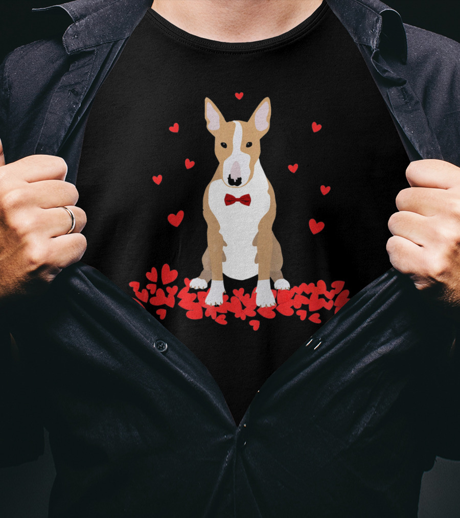 I Love My Bull Terrier Valentine Surrounded By Hearts And Red Bow Tie T-Shirt