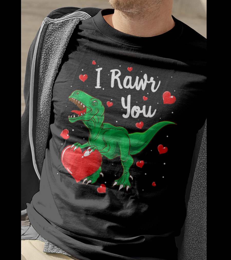 I Rawr You Dinosaur Valentine Green T-Rex With Red Hearts T-Shirt