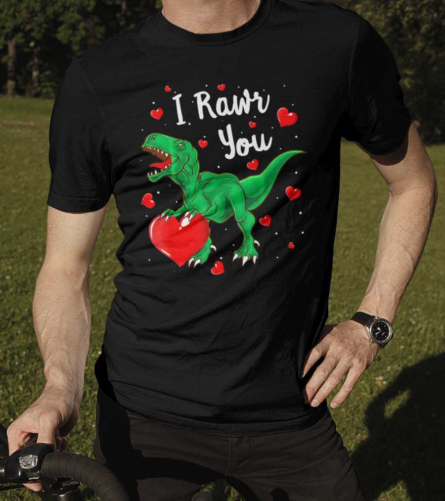 I Rawr You Dinosaur Valentine Green T-Rex With Red Hearts T-Shirt