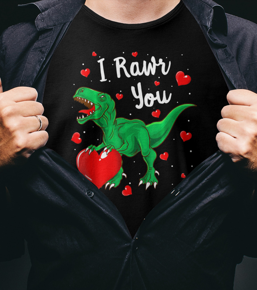 I Rawr You Dinosaur Valentine Green T-Rex With Red Hearts T-Shirt
