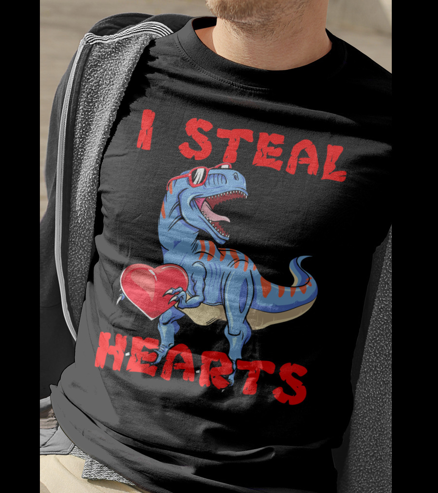 I Steal Hearts Dinosaur Valentines Red Heart Sunglasses T-Shirt