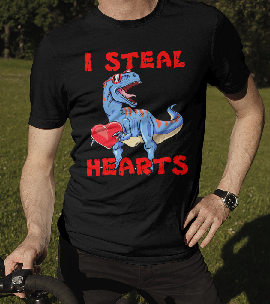 I Steal Hearts Dinosaur Valentines Red Heart Sunglasses T-Shirt