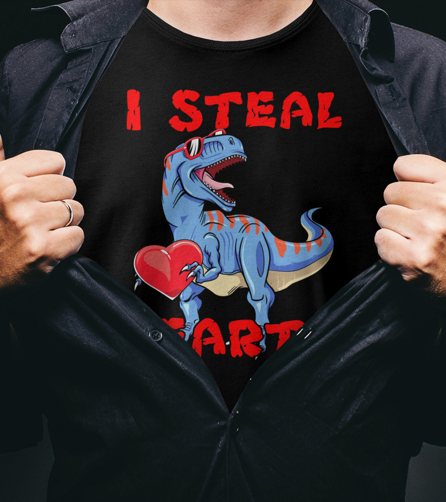 I Steal Hearts Dinosaur Valentines Red Heart Sunglasses T-Shirt