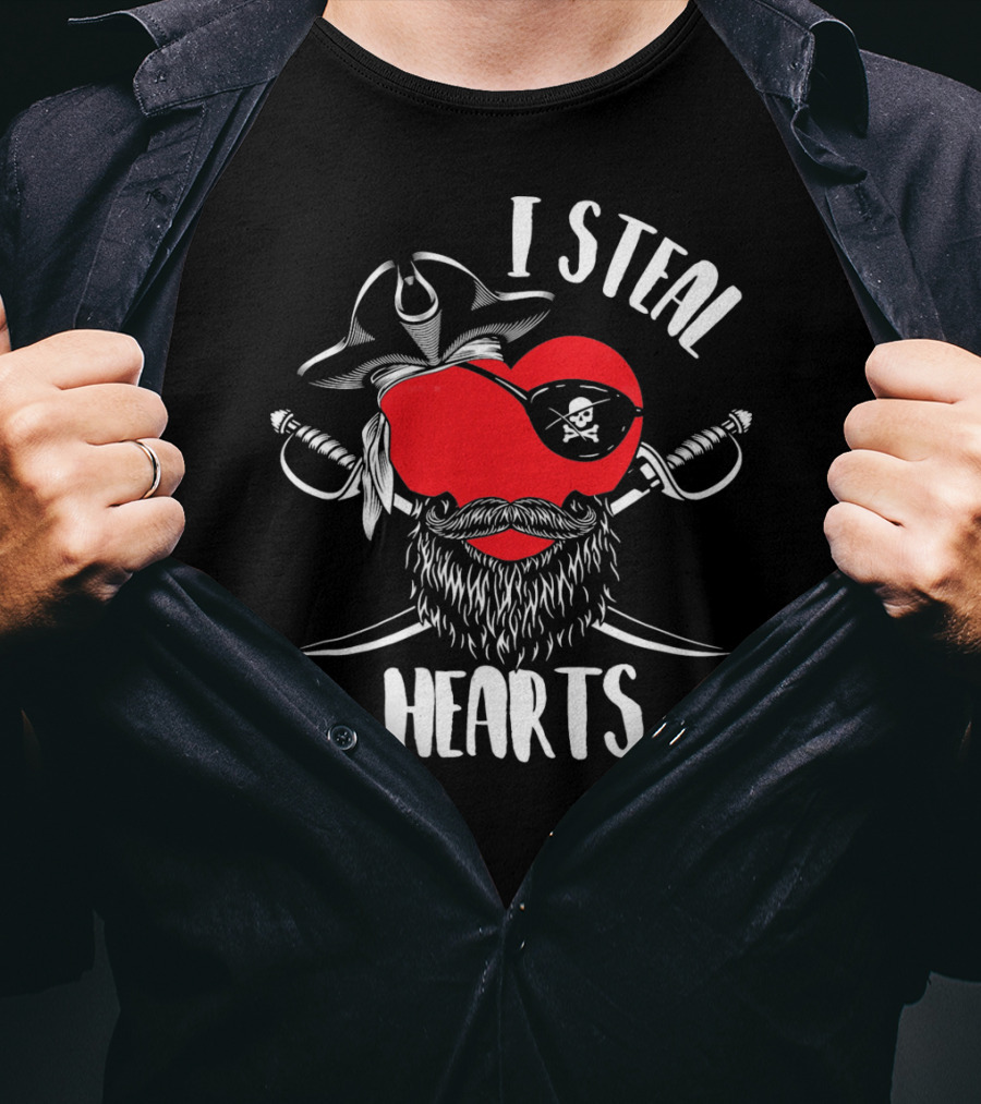 I Steal Hearts Funny Valentines Day Pirate Beard Patch Swords T-Shirt