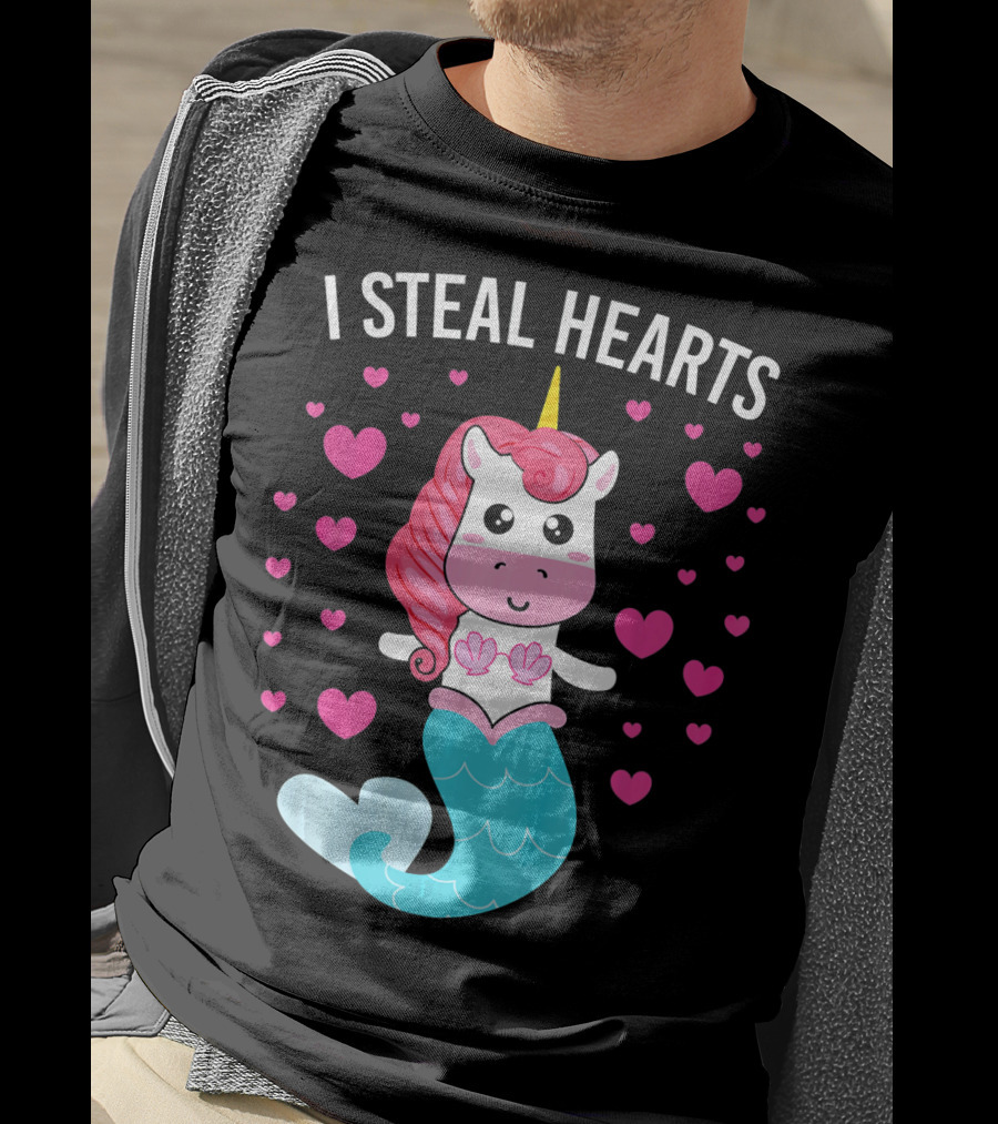 I Steal Hearts Cute Mermaid Unicorn Valentine Hearts T-Shirt