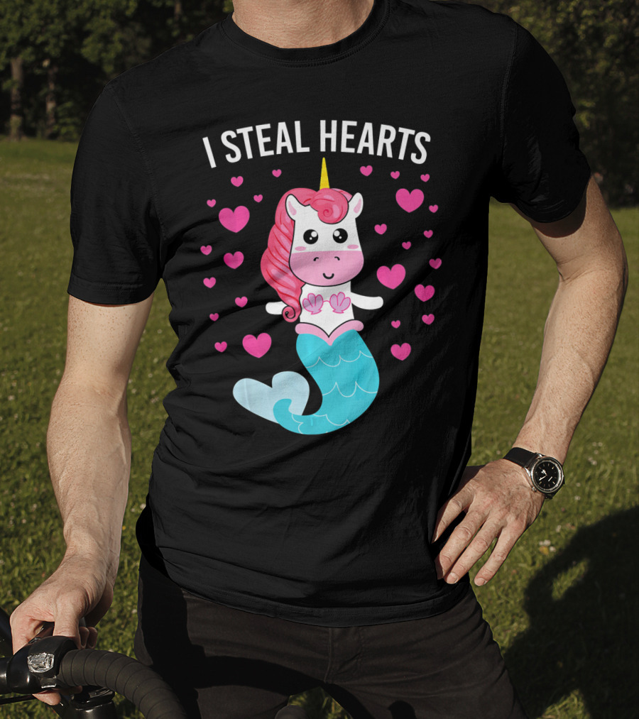 I Steal Hearts Cute Mermaid Unicorn Valentine Hearts T-Shirt