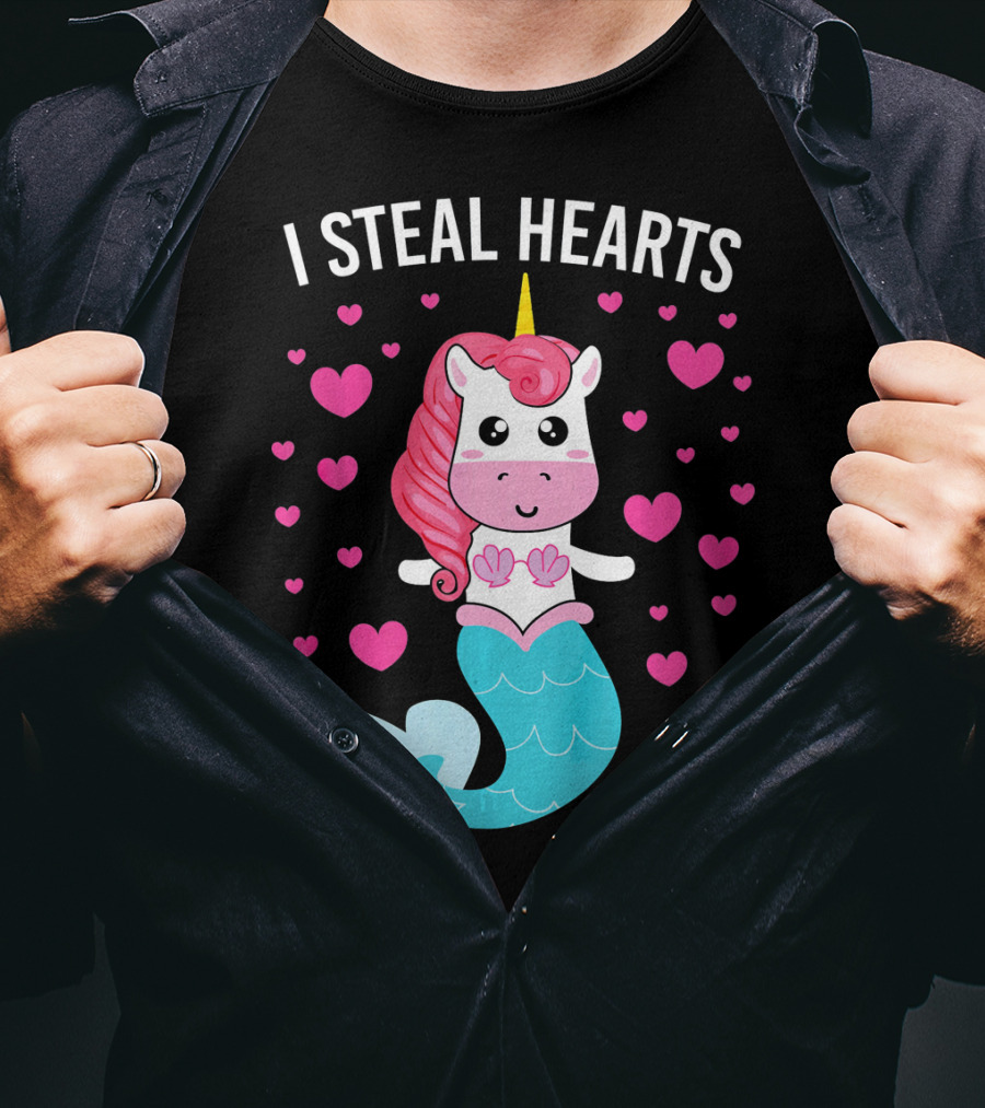 I Steal Hearts Cute Mermaid Unicorn Valentine Hearts T-Shirt