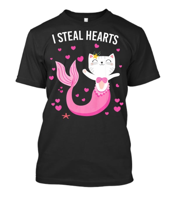 I Steal Hearts Purrmaid Cat Mermaid With Pink Hearts T-Shirt