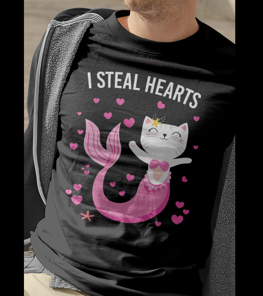 I Steal Hearts Purrmaid Cat Mermaid With Pink Hearts T-Shirt