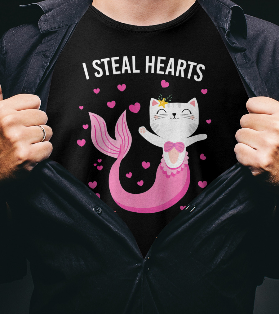 I Steal Hearts Purrmaid Cat Mermaid With Pink Hearts T-Shirt