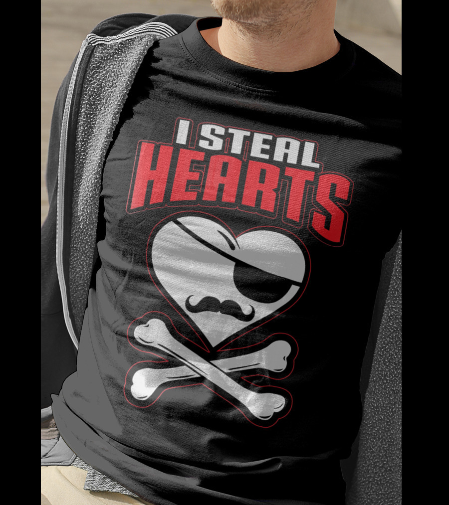 I Steal Hearts Pirate Mustache Crossbones Valentine T-Shirt