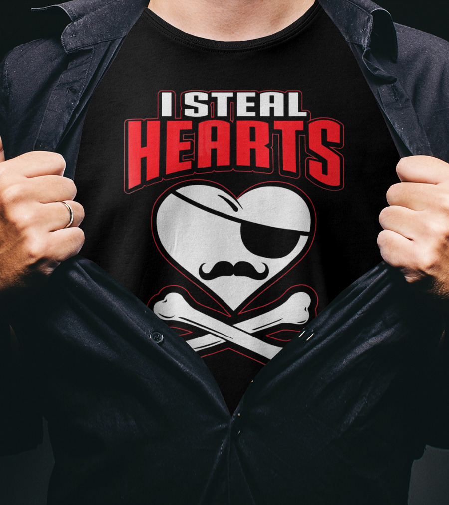I Steal Hearts Pirate Mustache Crossbones Valentine T-Shirt