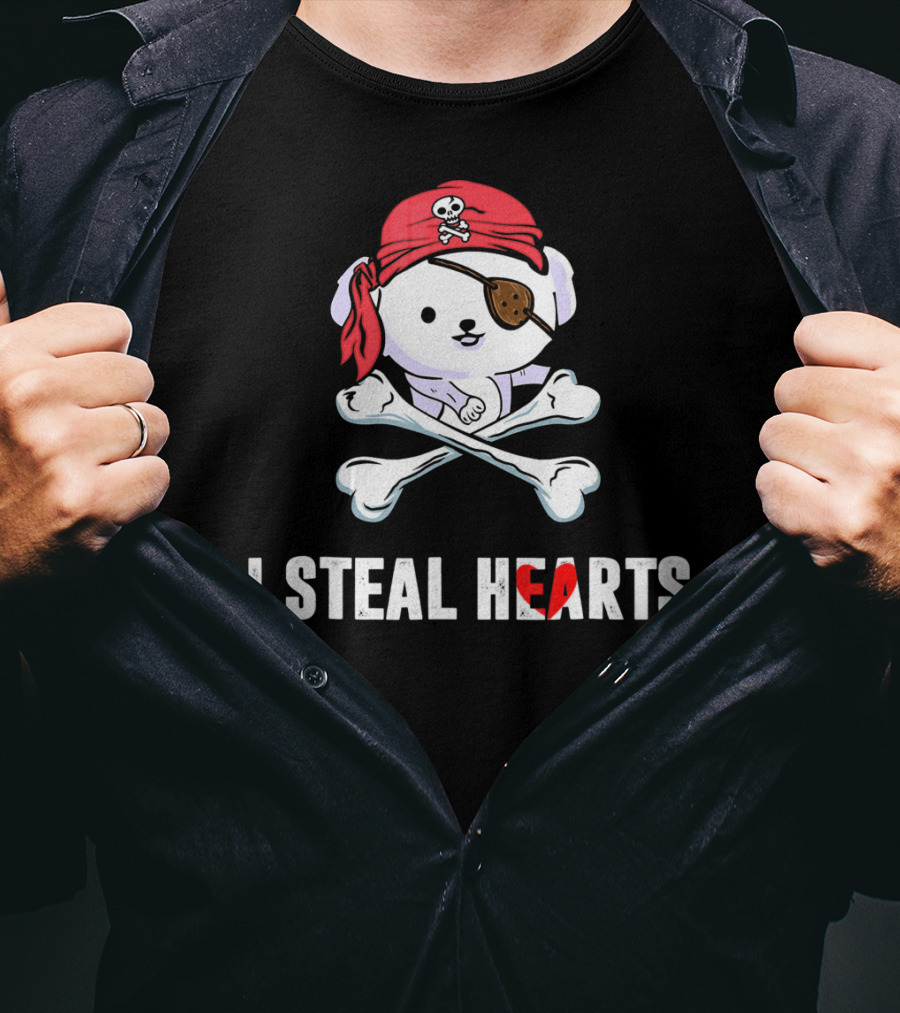 I Steal Hearts Bichon Frise Pirate With Eye Patch And Crossbones T-Shirt