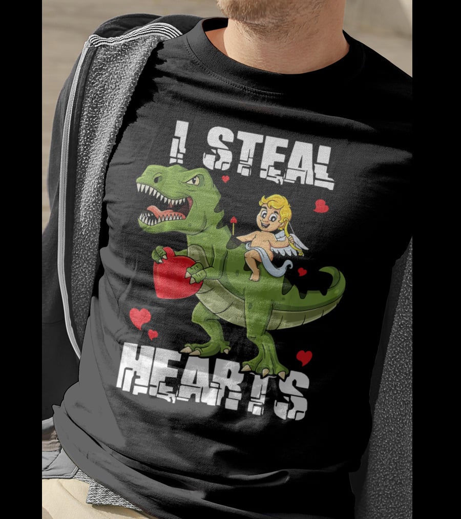 I Steal Hearts Dinosaur With Cupid And Valentines Hearts T-Shirt