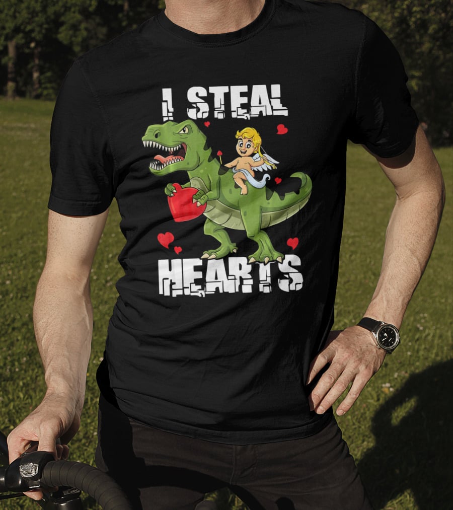 I Steal Hearts Dinosaur With Cupid And Valentines Hearts T-Shirt