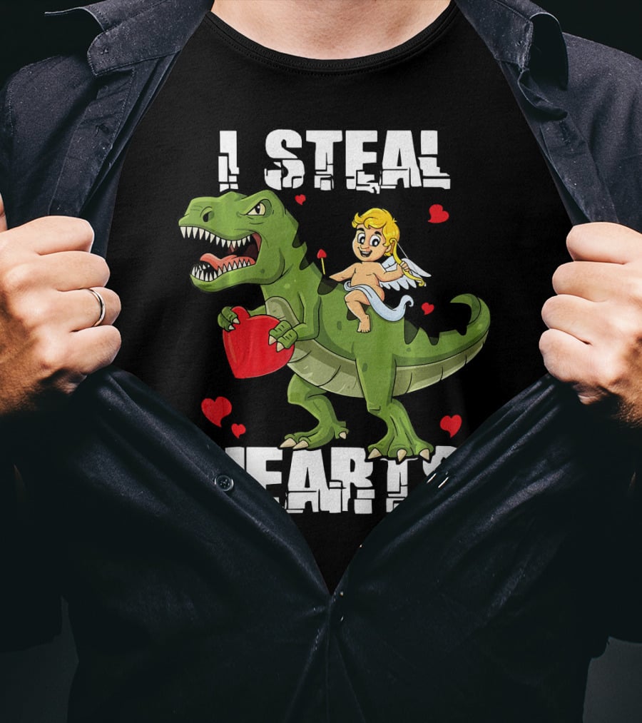 I Steal Hearts Dinosaur With Cupid And Valentines Hearts T-Shirt