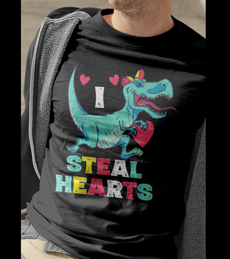 I Steal Hearts Valentine Dinosaur With Red Heart And Cute Hearts T-Shirt