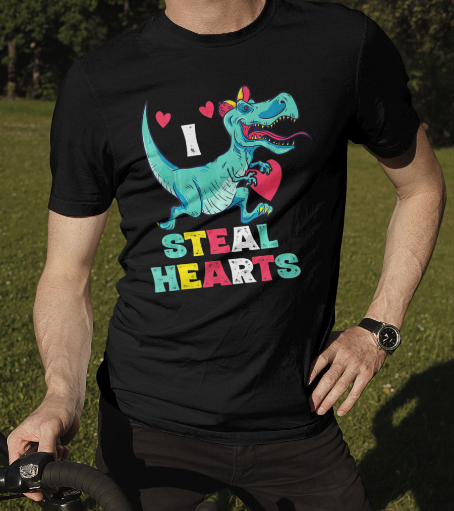 I Steal Hearts Valentine Dinosaur With Red Heart And Cute Hearts T-Shirt