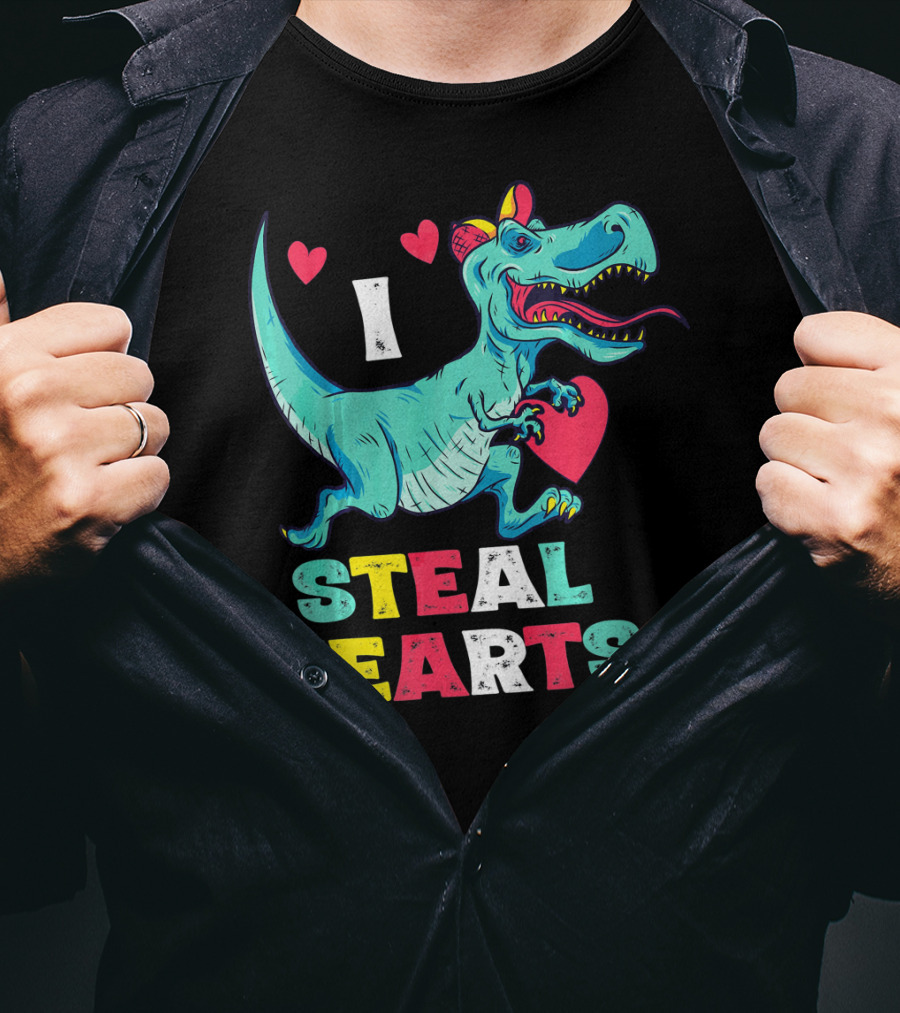 I Steal Hearts Valentine Dinosaur With Red Heart And Cute Hearts T-Shirt