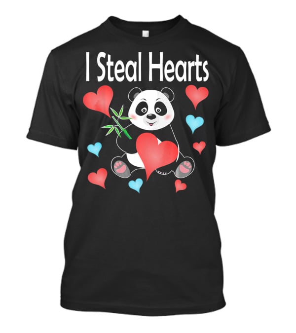 I Steal Hearts Valentines Day Panda Holding Heart And Bamboo T-Shirt