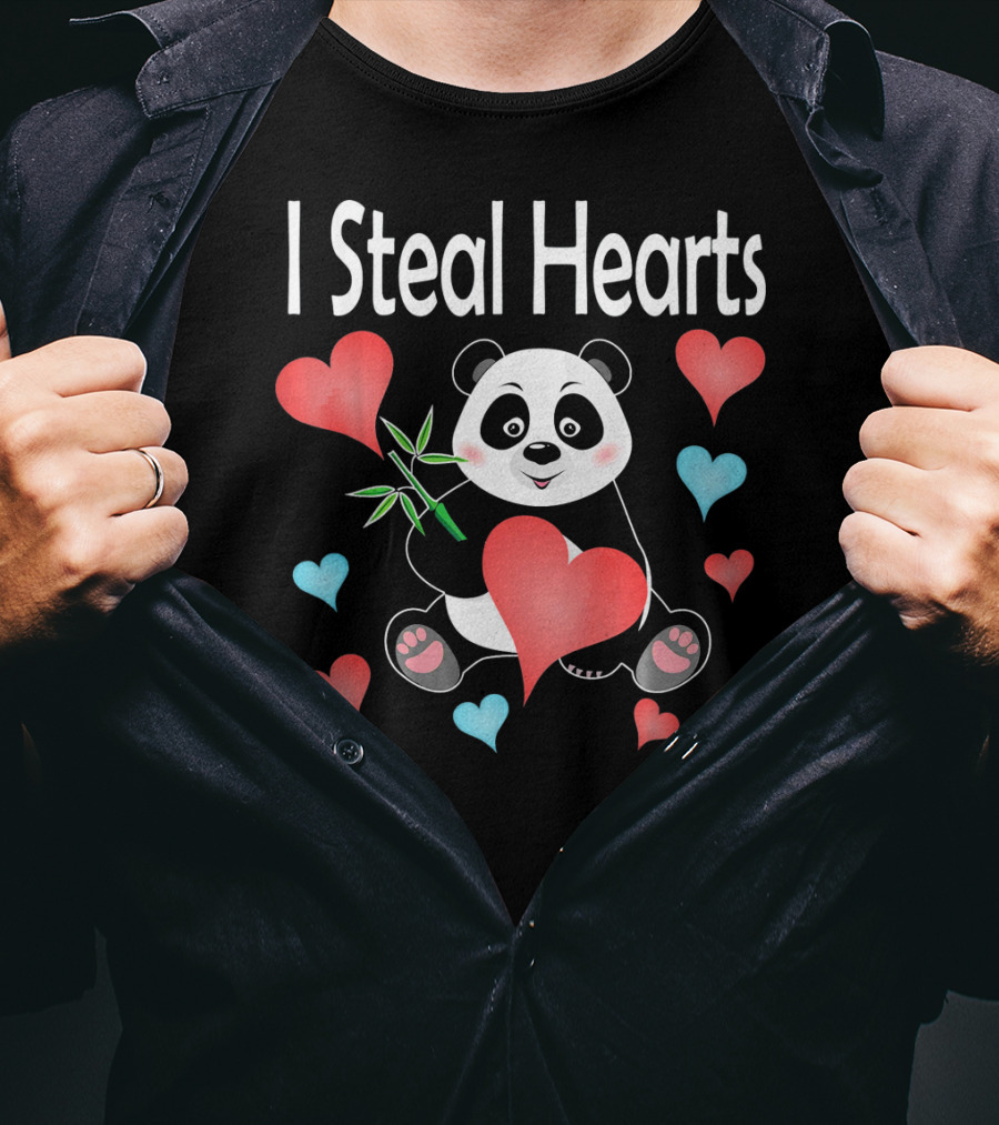 I Steal Hearts Valentines Day Panda Holding Heart And Bamboo T-Shirt