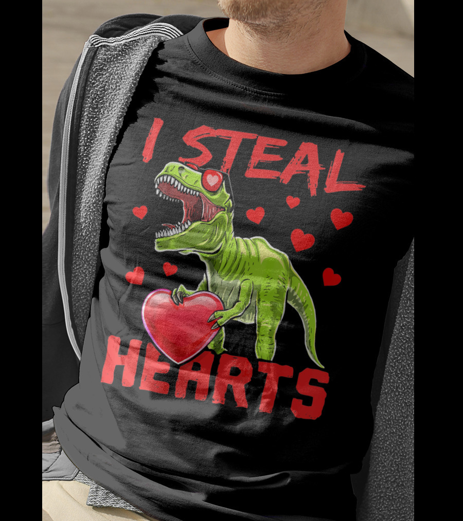 I Steal Hearts Valentines Day Rex Dino Holding Heart Surrounded By Hearts T-Shirt