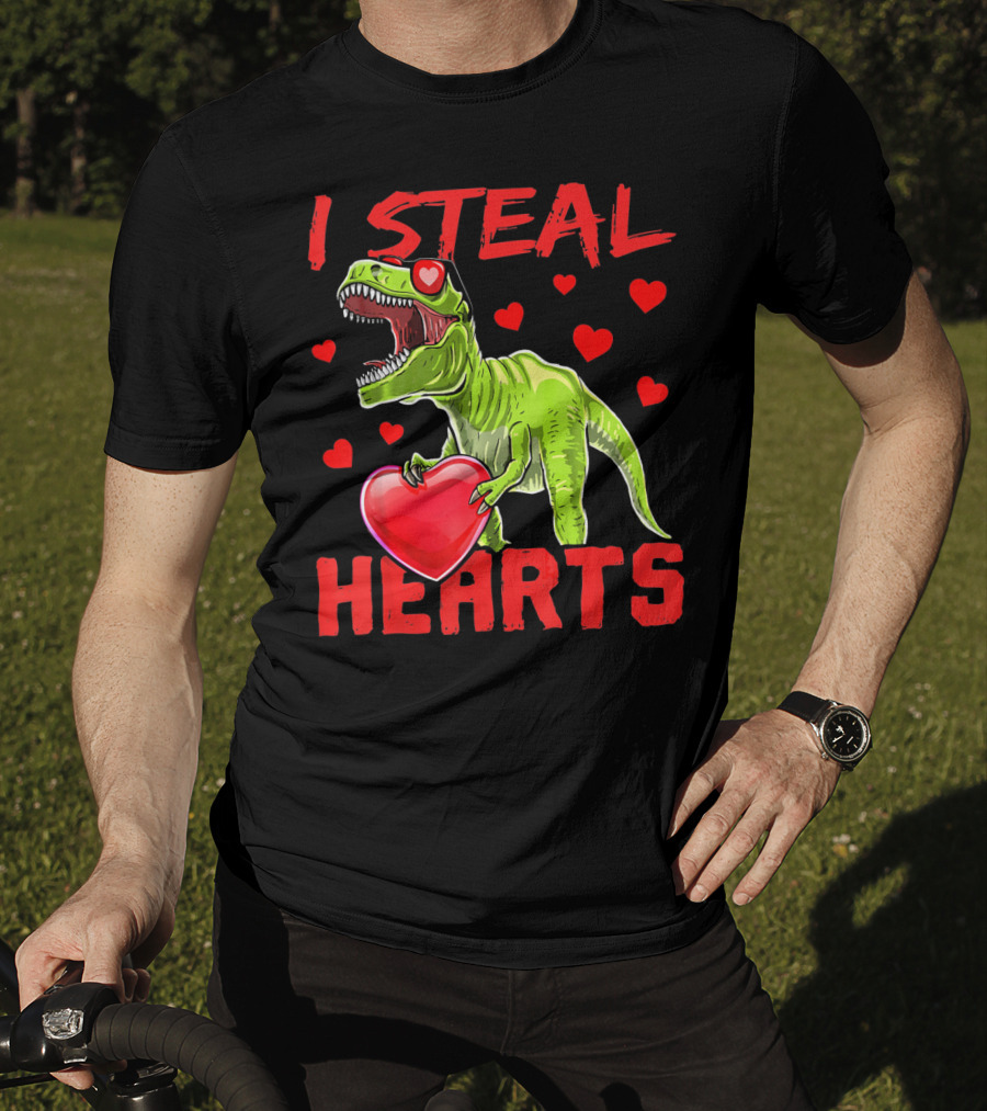 I Steal Hearts Valentines Day Rex Dino Holding Heart Surrounded By Hearts T-Shirt