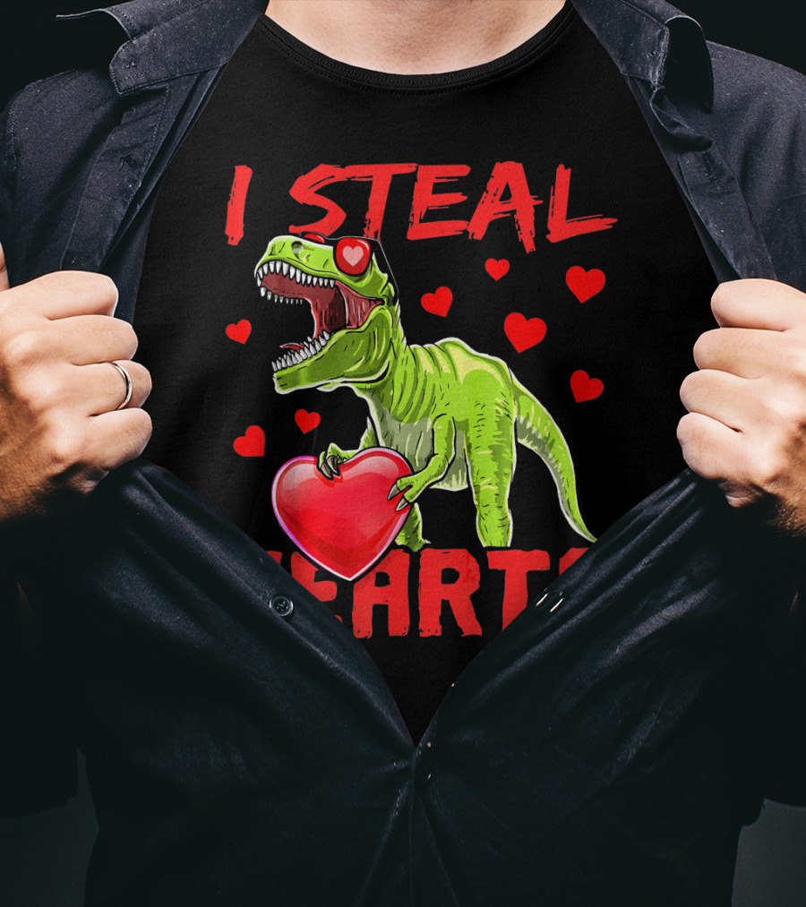 I Steal Hearts Valentines Day Rex Dino Holding Heart Surrounded By Hearts T-Shirt