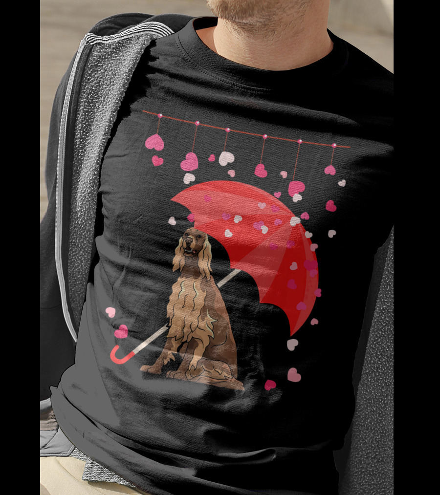 Irish Setter With Red Umbrella And Falling Hearts Valentine T-Shirt