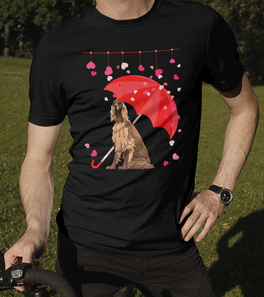 Irish Setter With Red Umbrella And Falling Hearts Valentine T-Shirt
