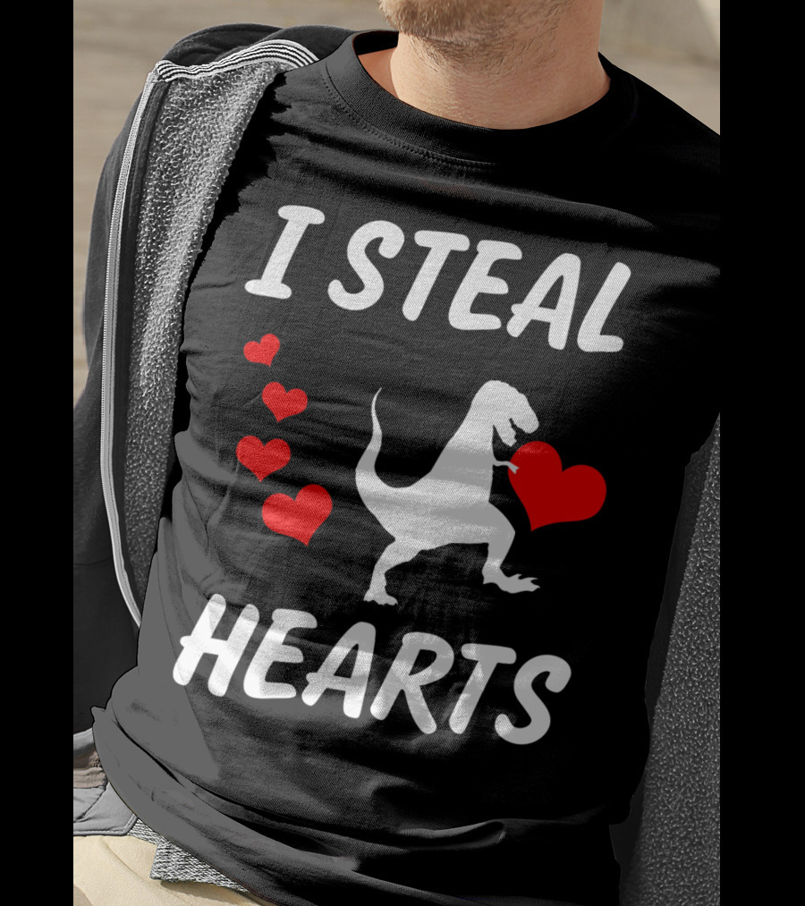 I Steal Hearts Funny Boys Dinosaur Valentine Kids T-Shirt
