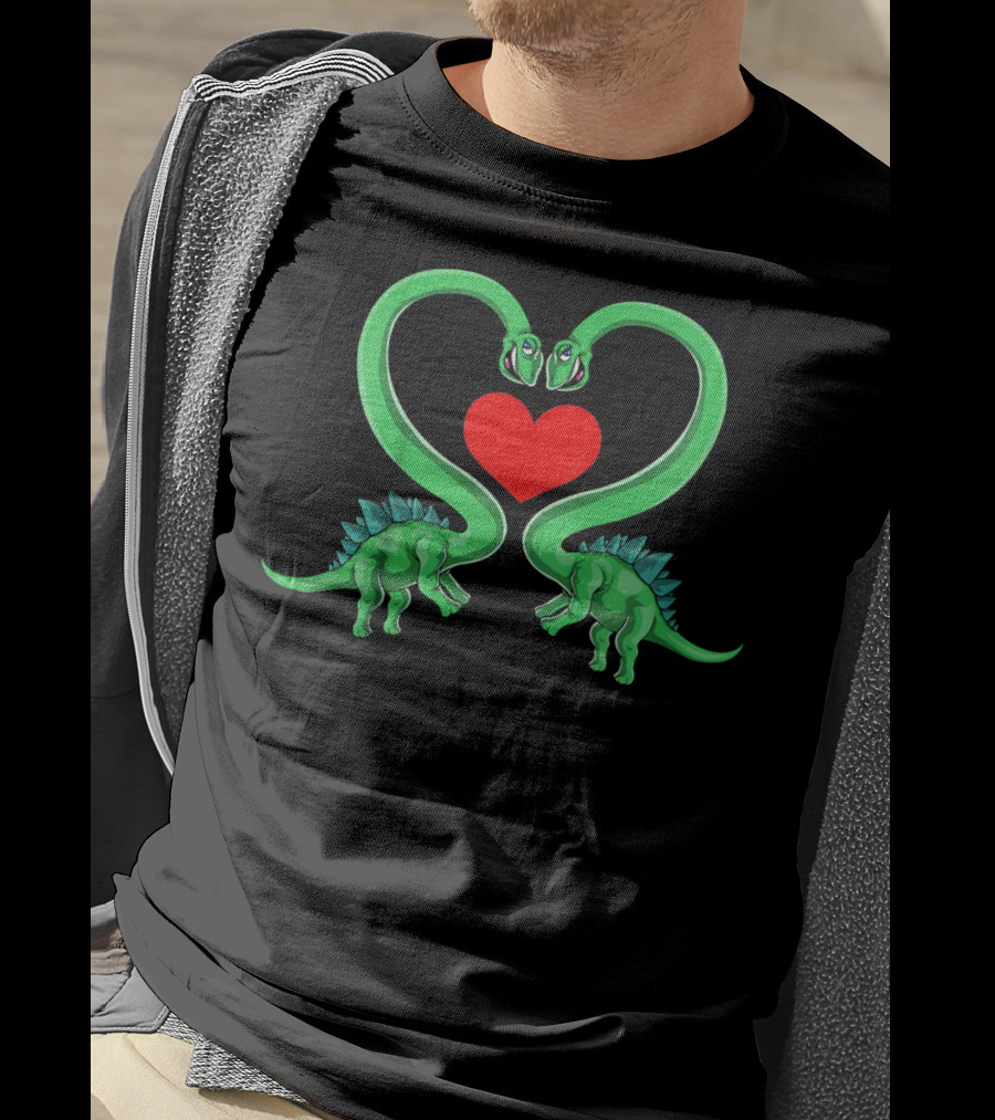 Kids Valentines Day Dinosaur Heart With Green Brachiosaurus T-Shirt