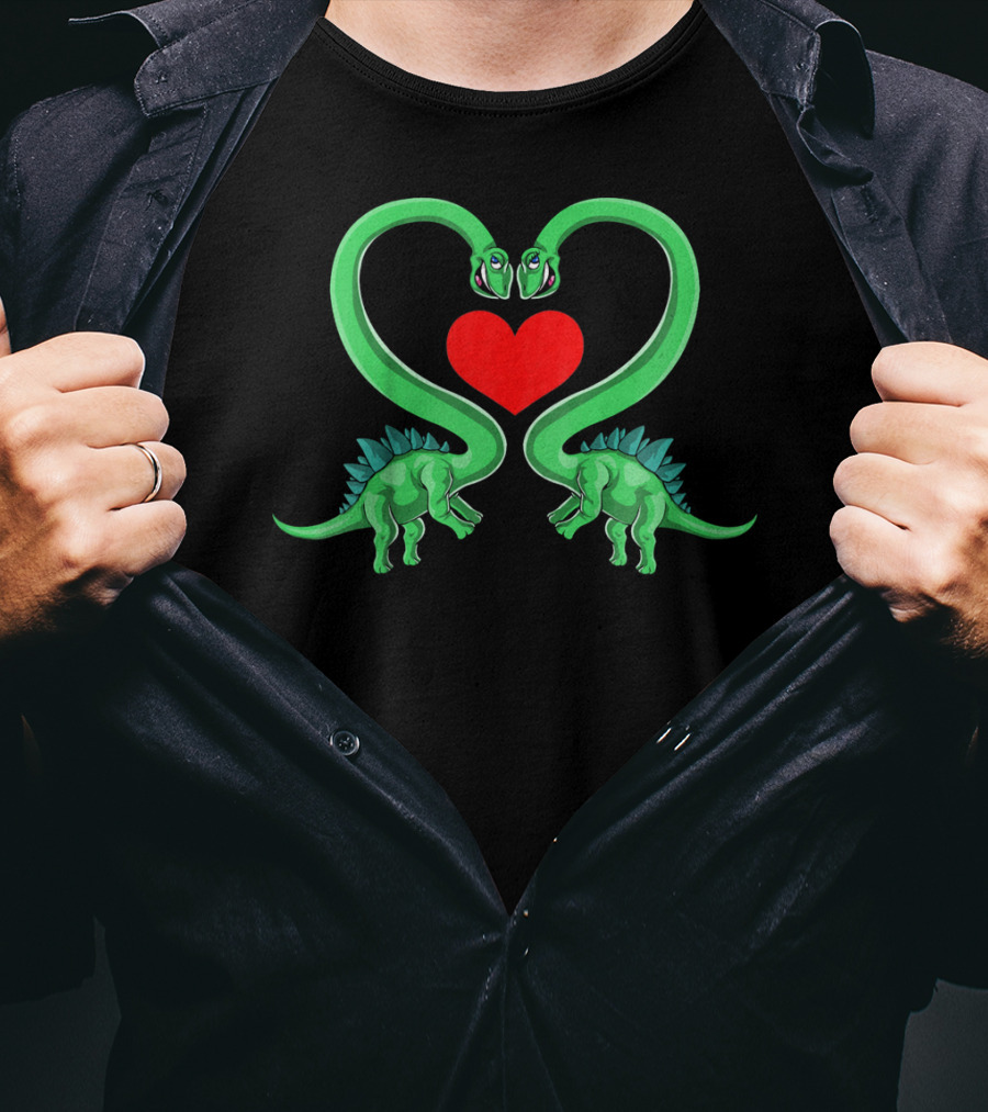 Kids Valentines Day Dinosaur Heart With Green Brachiosaurus T-Shirt