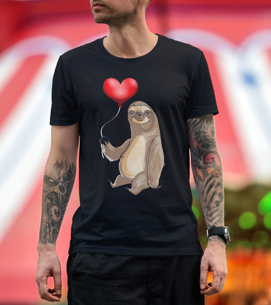 Kids Valentines Day Sloth Holding Heart Balloon T-Shirt