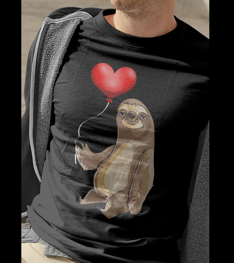 Kids Valentines Day Sloth Holding Heart Balloon T-Shirt
