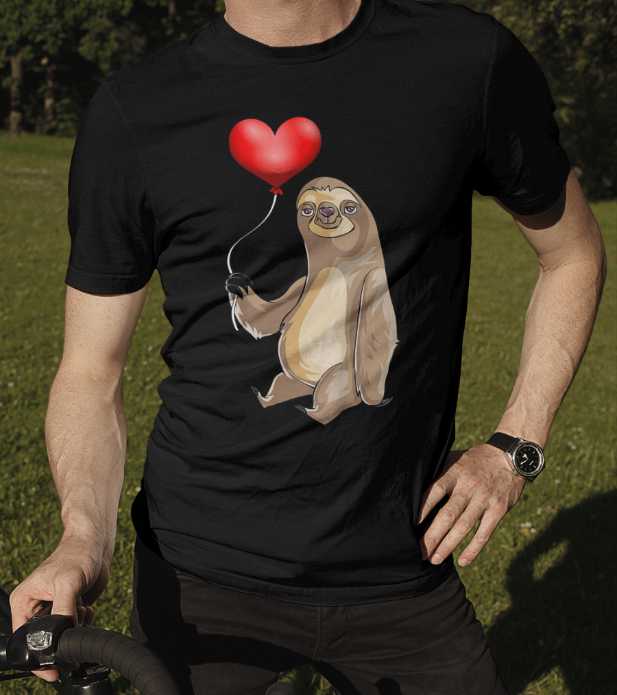 Kids Valentines Day Sloth Holding Heart Balloon T-Shirt